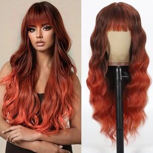 Ombre Auburn With Bangs Wig Heat Resistant Synthetic Curly Wig 26 Inches Cosplay
